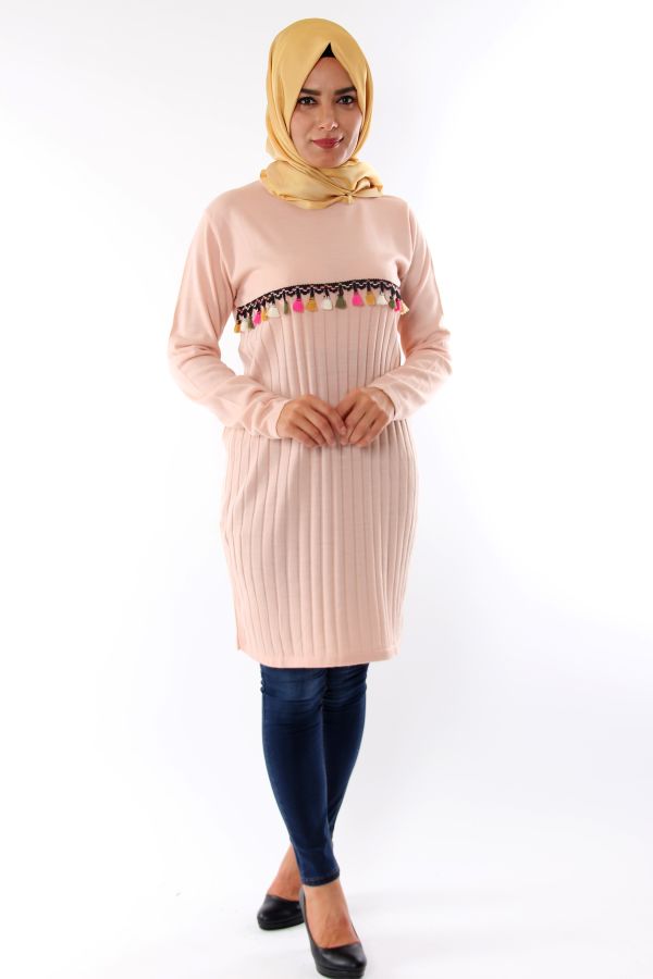Rengarek Saçaklı Triko Tunik-Pudra0556
