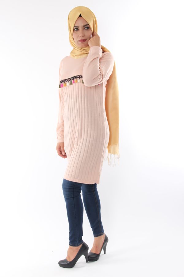 Rengarek Saçaklı Triko Tunik-Pudra0556