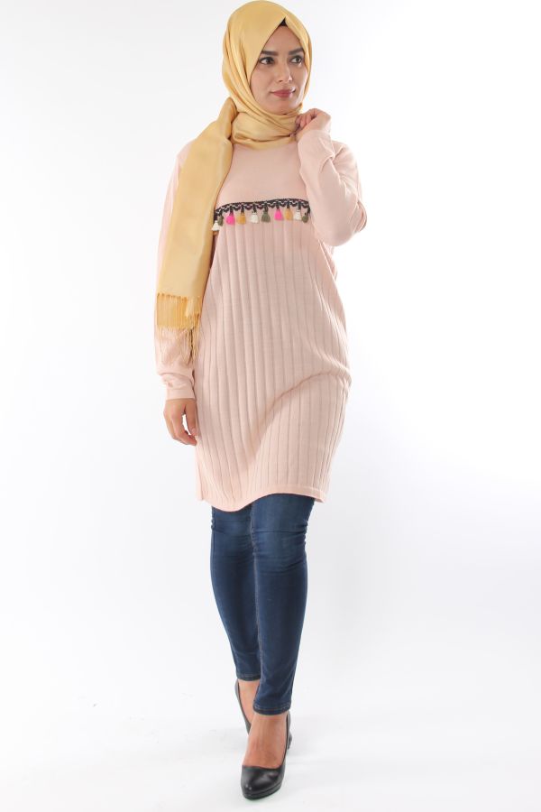Rengarek Saçaklı Triko Tunik-Pudra0556