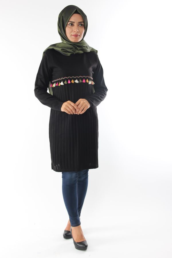Rengarek Saçaklı Triko Tunik-Siyah0556
