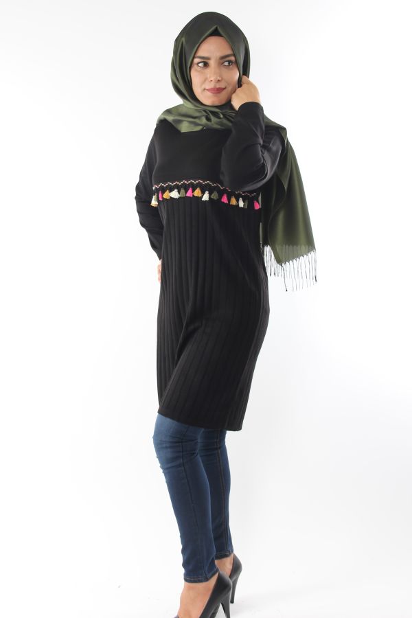 Rengarek Saçaklı Triko Tunik-Siyah0556