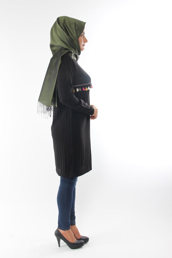 Rengarek Saçaklı Triko Tunik-Siyah0556
