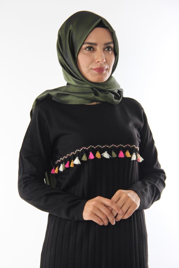 Rengarek Saçaklı Triko Tunik-Siyah0556