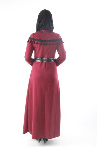 Saçak Detay Kemerli Elbise-Bordo0563 - Thumbnail