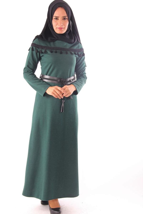 Saçak Detay Kemerli Elbise-Yeşil0563