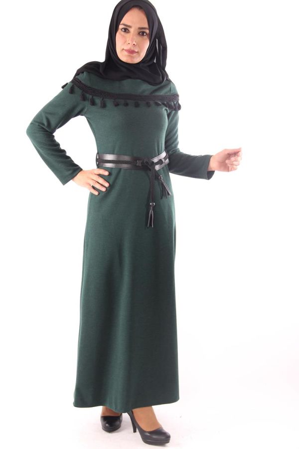Saçak Detay Kemerli Elbise-Yeşil0563