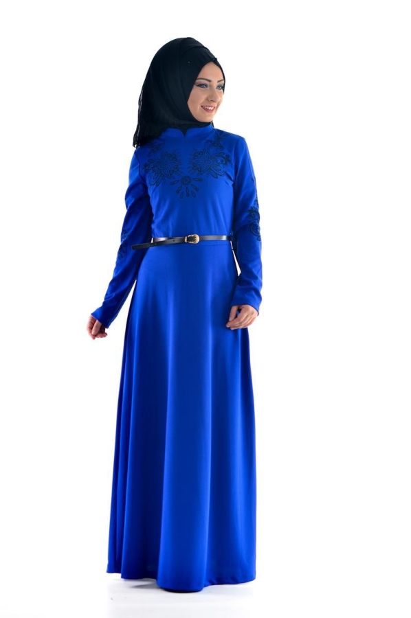 Saks Mavisi Kemerli Elbise-3397