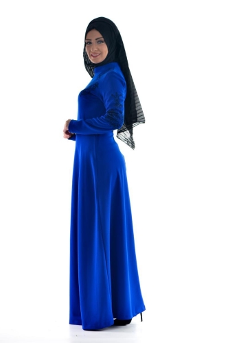 Saks Mavisi Kemerli Elbise-3397 - Thumbnail