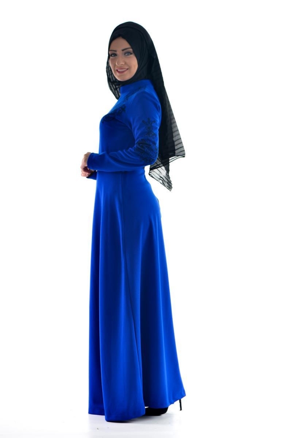 Saks Mavisi Kemerli Elbise-3397