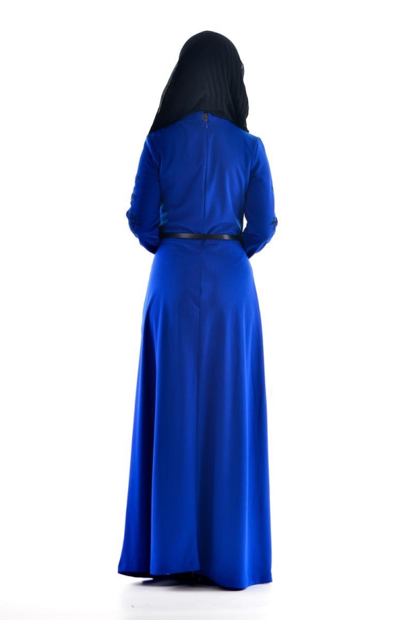 Saks Mavisi Kemerli Elbise-3397