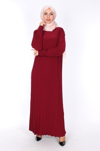 Sandy Boydan Pileli Elbise-220Bordo - Thumbnail