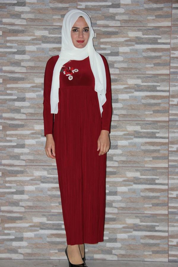 Sandy Pileli Nakışlı Elbise Kırmizi0510