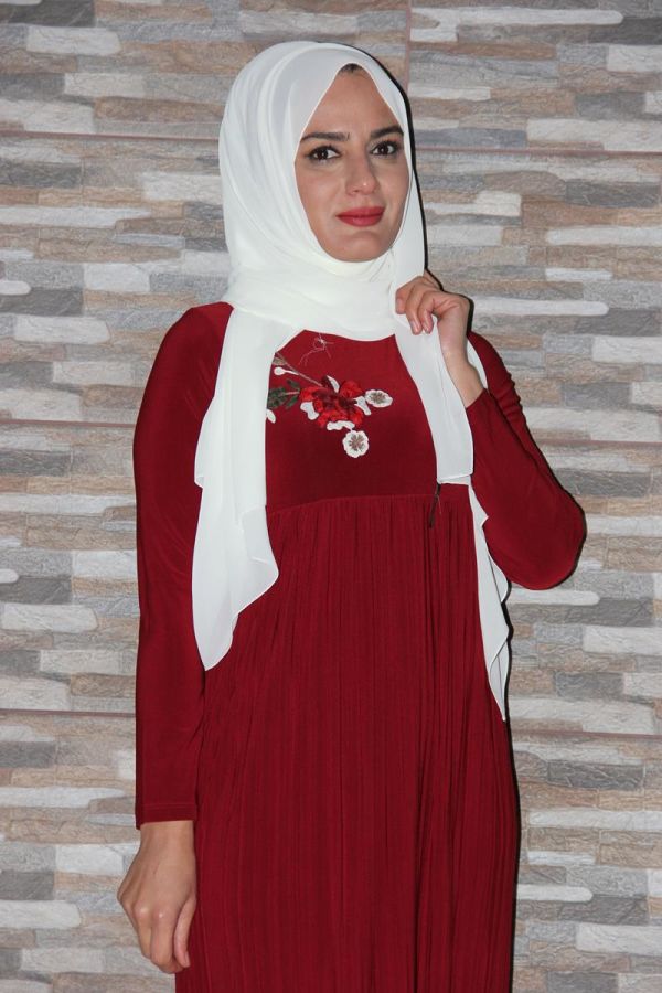 Sandy Pileli Nakışlı Elbise Kırmizi0510