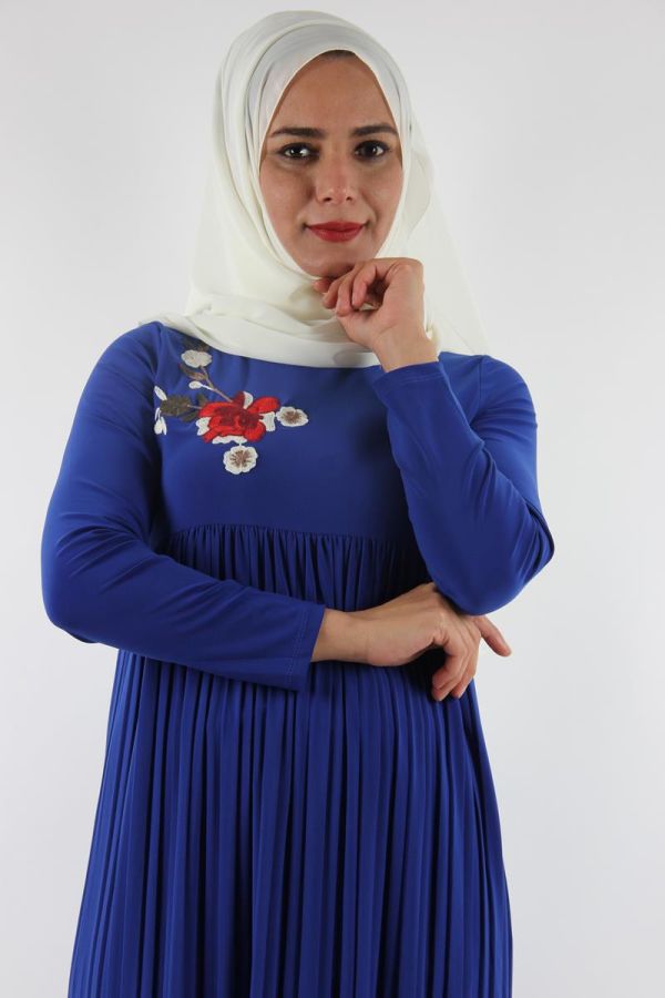 Sandy Pileli Nakışlı Elbise Mavi0510