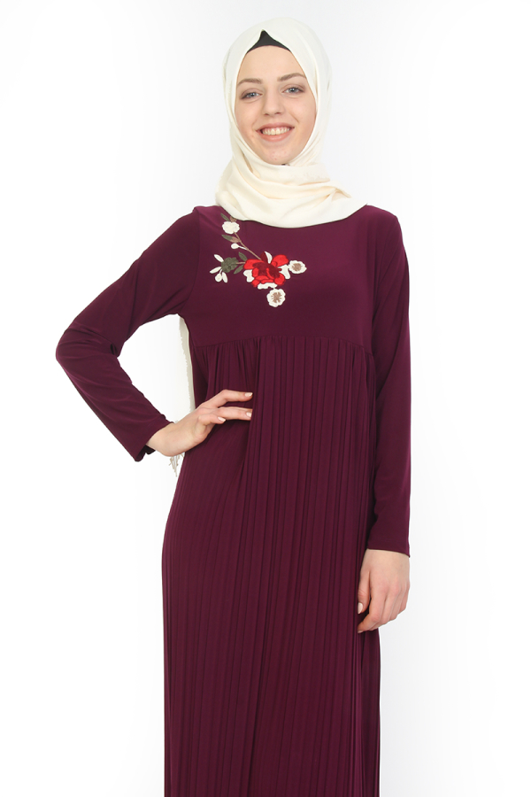 Sandy Pileli Nakışlı Elbise Bordo-0510