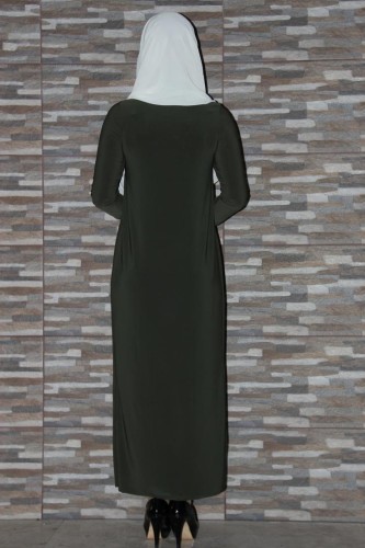 Sandy Pileli Nakışlı Elbise Yeşil-0510 - Thumbnail