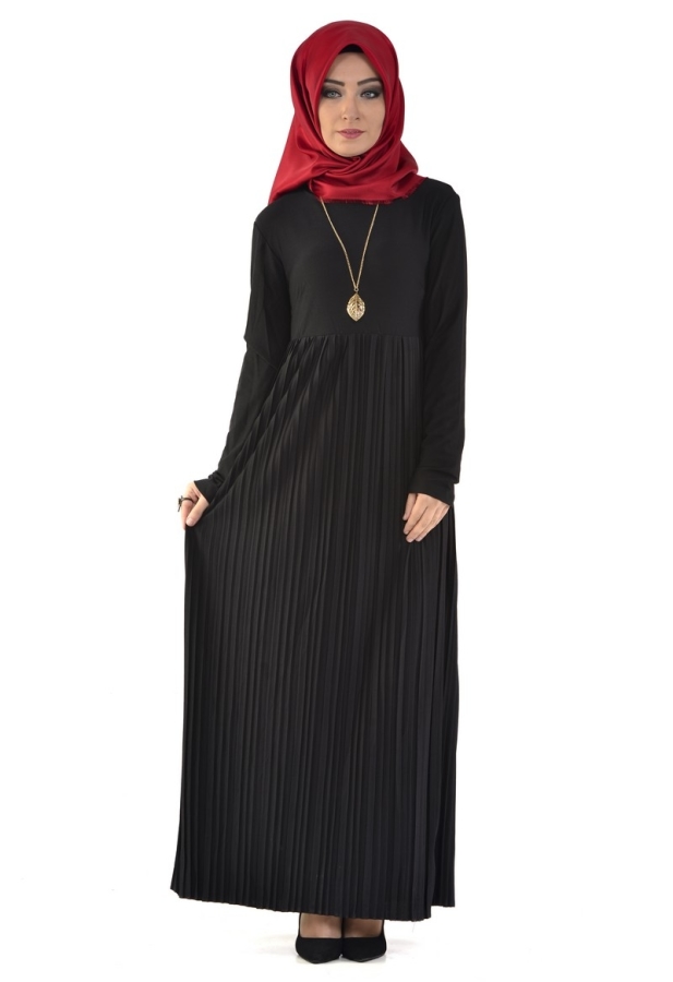 Sandy Pileli Ve Kolyeli Elbise Siyah- 4004
