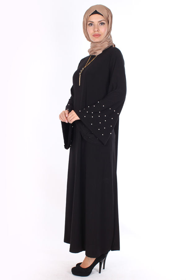 Sandy Volan Kol İncili Elbise-0544 Siyah