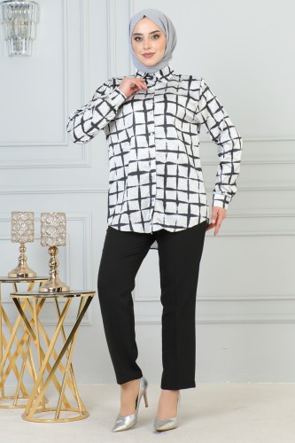 LAVİEN - Saten Gömlek-4001 Siyah-Beyaz(Kare desen)