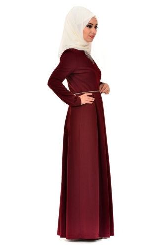 Savaroski Kolye Detaylı Elbise Bordo-4060 - Thumbnail