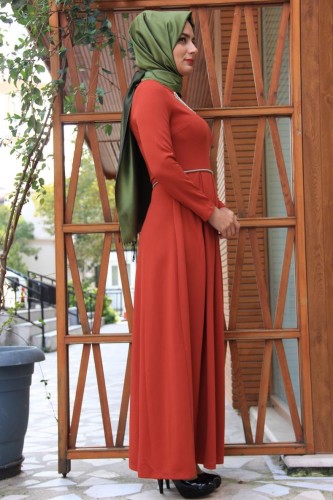 Savaroski Kolye Detaylı Elbise Kiremit-4060 - Thumbnail