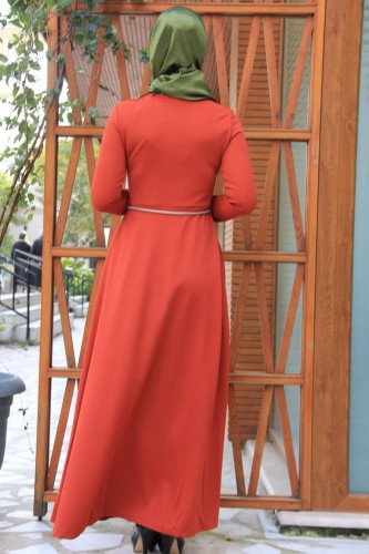 Savaroski Kolye Detaylı Elbise Kiremit-4060 - Thumbnail