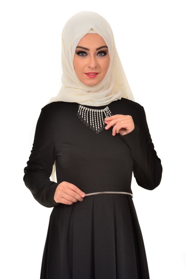 Savaroski Kolye Detaylı Elbise Siyah-4060