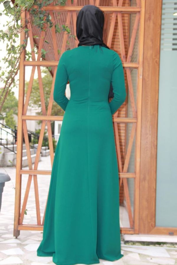 Savaroski Taşlı Gül Detaylı Abiye Yeşil-0030