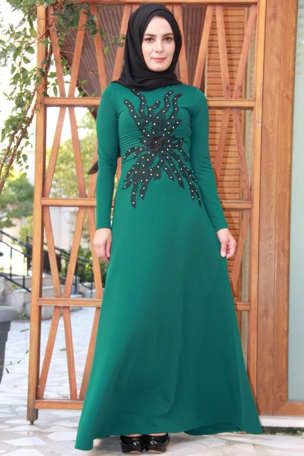 Savaroski Taşlı Yaprak Desenli Abiye- Yeşil0057