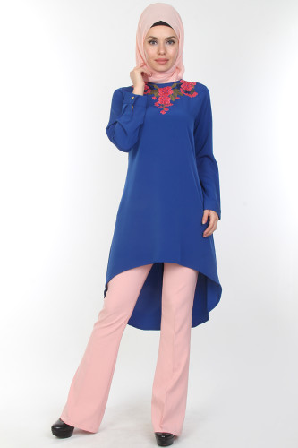 Serap Nakışlı Tunik-0534Saks - Thumbnail