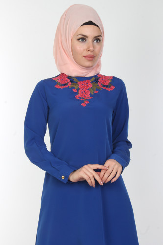 Serap Nakışlı Tunik-0534Saks - Thumbnail