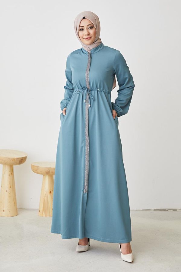 Sim Detaylı Fermuarlı Ferace-3077 Mintyeşili - 1