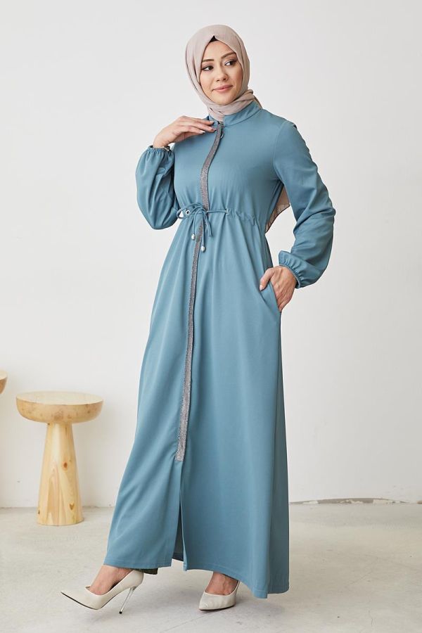 Sim Detaylı Fermuarlı Ferace-3077 Mintyeşili - 5