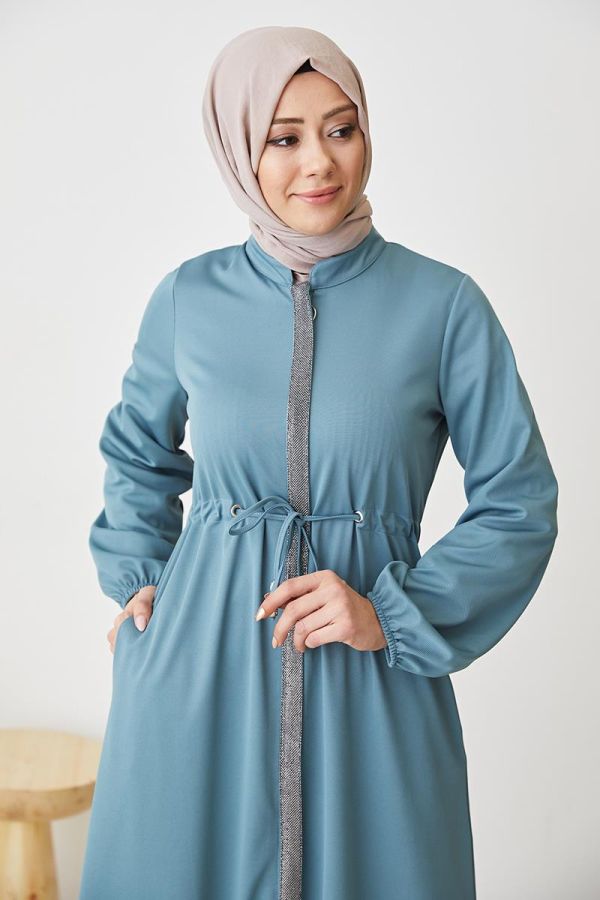 Sim Detaylı Fermuarlı Ferace-3077 Mintyeşili - 2