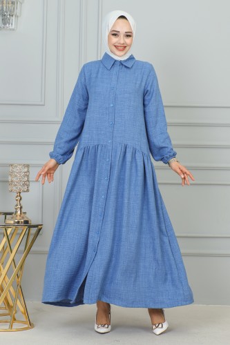 NEVA - Sofya Keten Düğmeli Kloş Elbise-2328 Bebe mavisi
