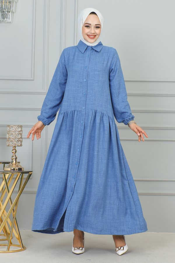 Sofya Keten Düğmeli Kloş Elbise-2328 Bebe mavisi