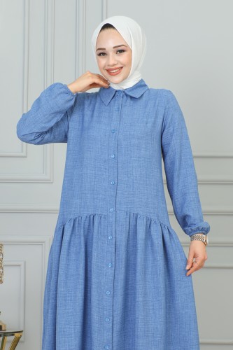 NEVA - Sofya Keten Düğmeli Kloş Elbise-2328 Bebe mavisi (1)