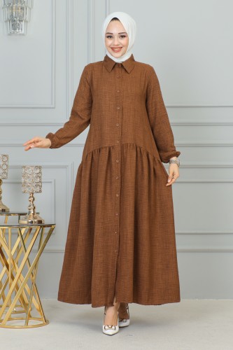 NEVA - Sofya Keten Düğmeli Kloş Elbise-2328 Kahve