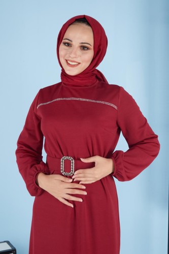 Modaebva - Taş Detaylı Kemerli Tesettür Elbise-3092 Bordo (1)