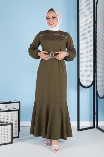 Modaebva - Taş Detaylı Kemerli Tesettür Elbise-3092 Hakiyeşil