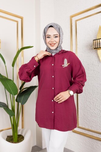 Taş Ve Düğme Detaylı Tunik-5263 Bordo - Modaebva
