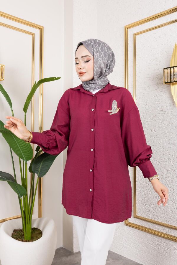 Taş Ve Düğme Detaylı Tunik-5263 Bordo - 5