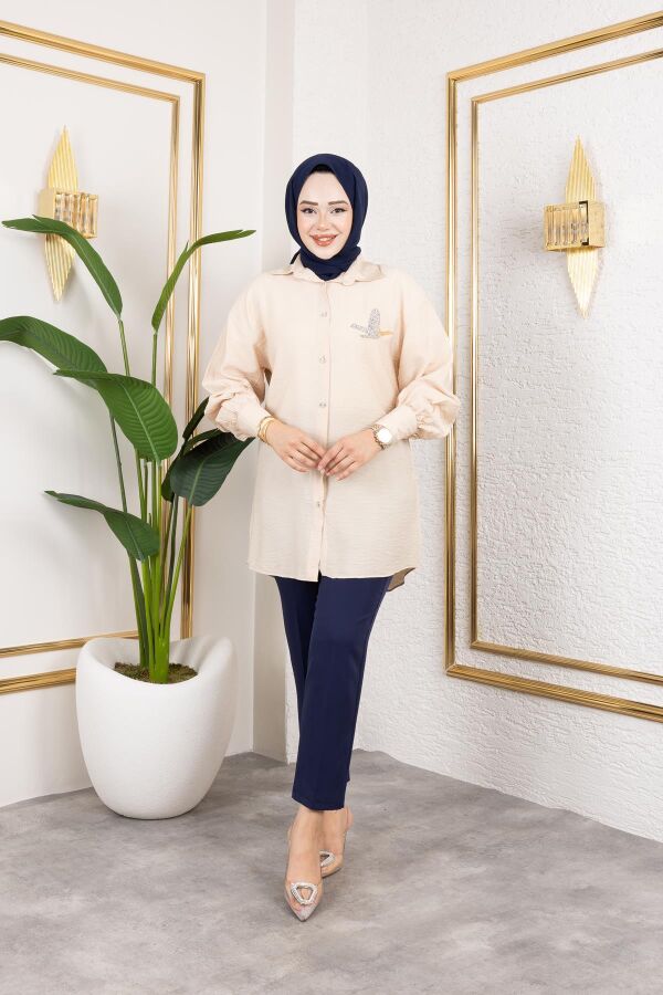 Taş Ve Düğme Detaylı Tunik-5263 Vizon - 4