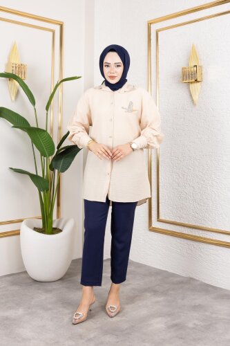 Taş Ve Düğme Detaylı Tunik-5263 Vizon - Modaebva (1)