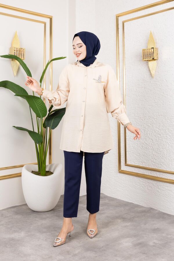 Taş Ve Düğme Detaylı Tunik-5263 Vizon - 5