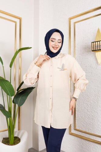 Taş Ve Düğme Detaylı Tunik-5263 Vizon - Modaebva