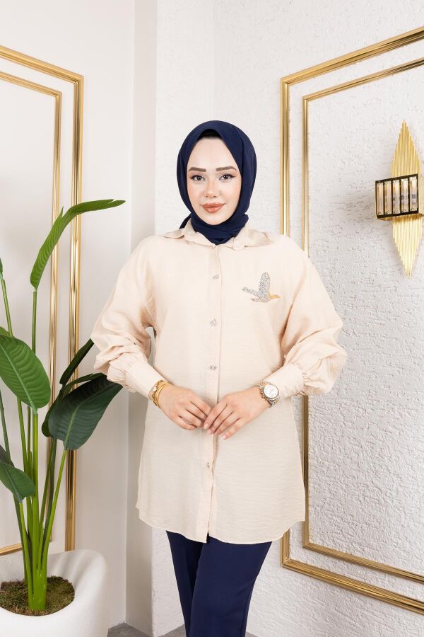 Taş Ve Düğme Detaylı Tunik-5263 Vizon - 3