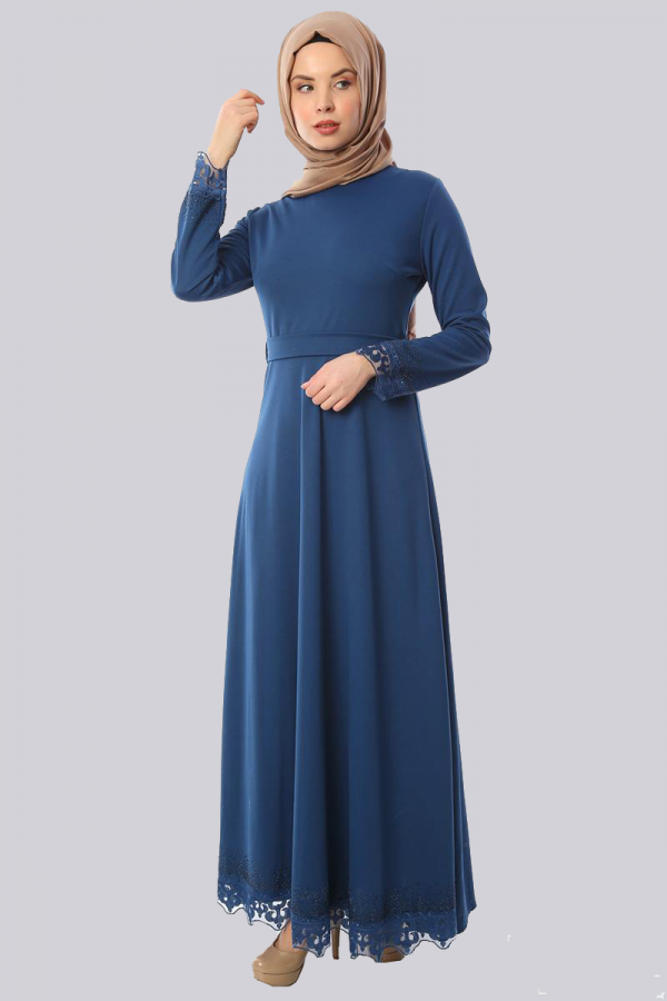 Taş Ve Güpür Detay Elbise-Mavi 3506