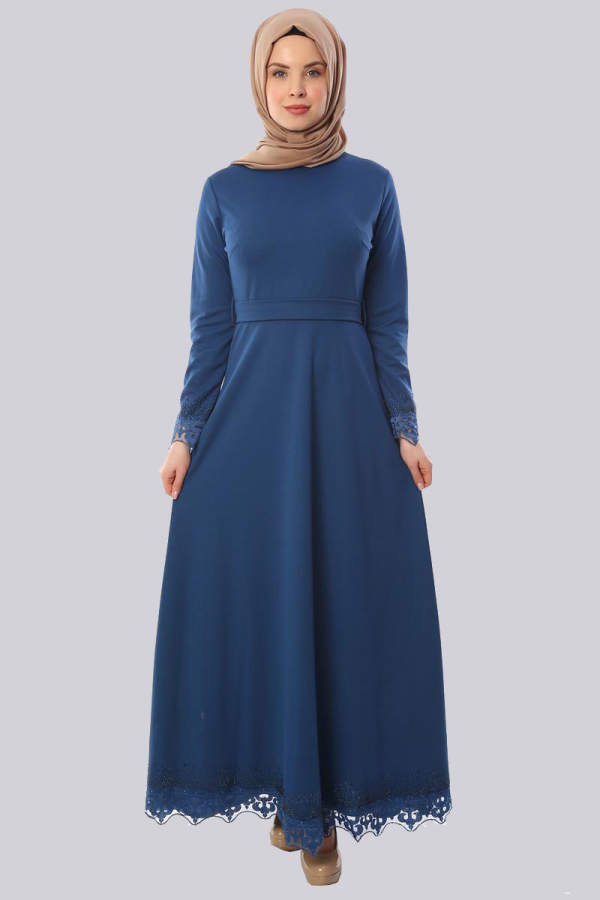 Taş Ve Güpür Detay Elbise-Mavi 3506