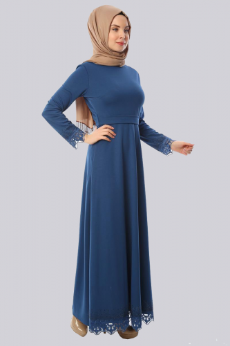 Taş Ve Güpür Detay Elbise-Mavi 3506 - Thumbnail